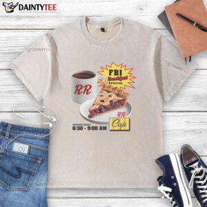 Alt Text: Awesome FBI Breakfast Special at RR Cafe on a washed T-shirt, featuring a vibrant design and delicious food imagery.