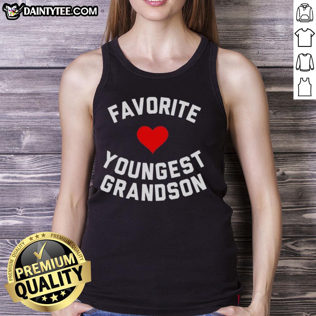 Young boy wearing an 'Awesome Favorite Youngest Grandson' heart tank top, smiling joyfully in a sunny outdoor setting.