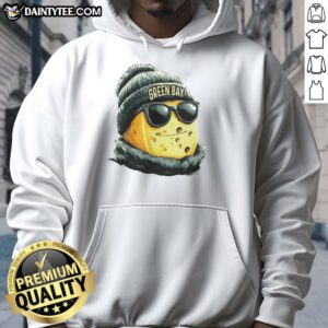 Green Bay Packers mascot in a beanie and sunglasses, showcasing team spirit in a cozy hoodie.