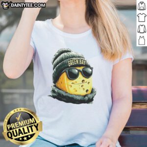 Green Bay Packers mascot in a beanie and sunglasses, showcasing the awesome ladies' tee design for fans.