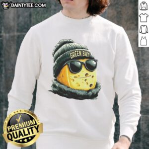 Green Bay Packers mascot in a beanie and sunglasses, wearing a sweatshirt, showcasing team spirit and style.