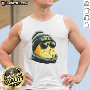 Green Bay Packers mascot in a beanie and sunglasses, wearing a tank top, showcasing team spirit and fun.