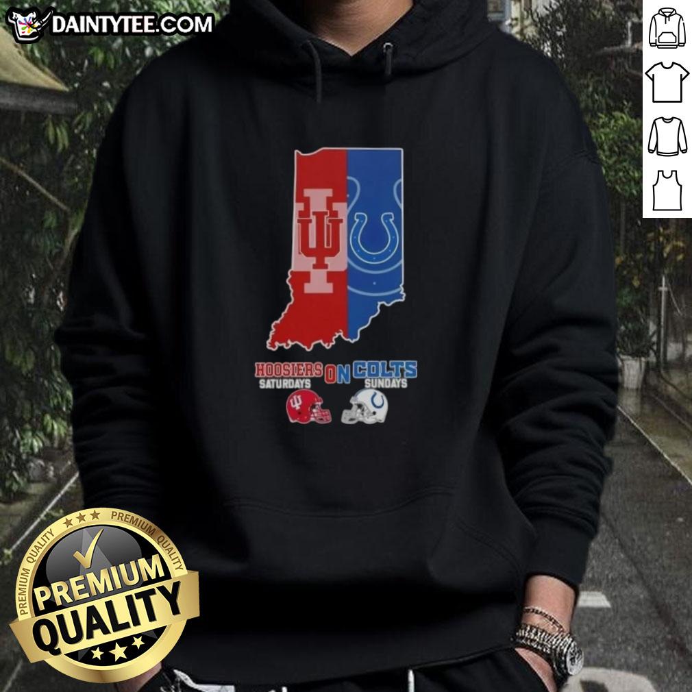 Awesome Indiana map hoodie featuring Hoosiers and Colts football helmets for game days on Saturdays and Sundays.