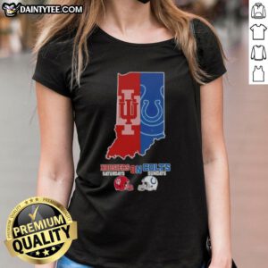 Awesome Indiana map featuring sports, Hoosiers, Colts football helmets, and ladies' tee for game day excitement.