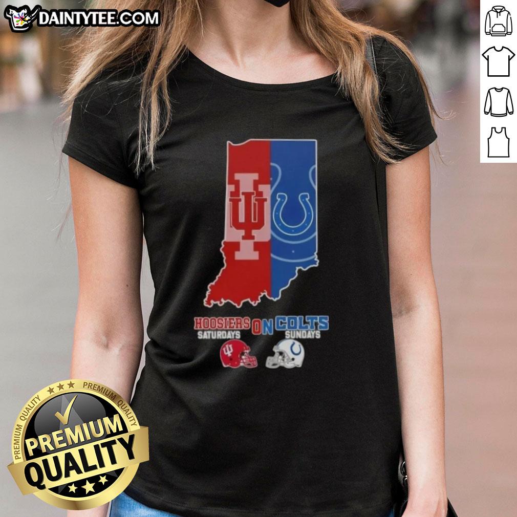 Awesome Indiana map featuring sports, Hoosiers, Colts football helmets, and ladies' tee for game day excitement.