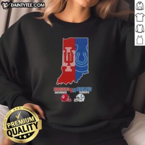 Alt Text: Awesome Indiana map sweatshirt featuring Hoosiers and Colts football helmets for sports fans on weekends.