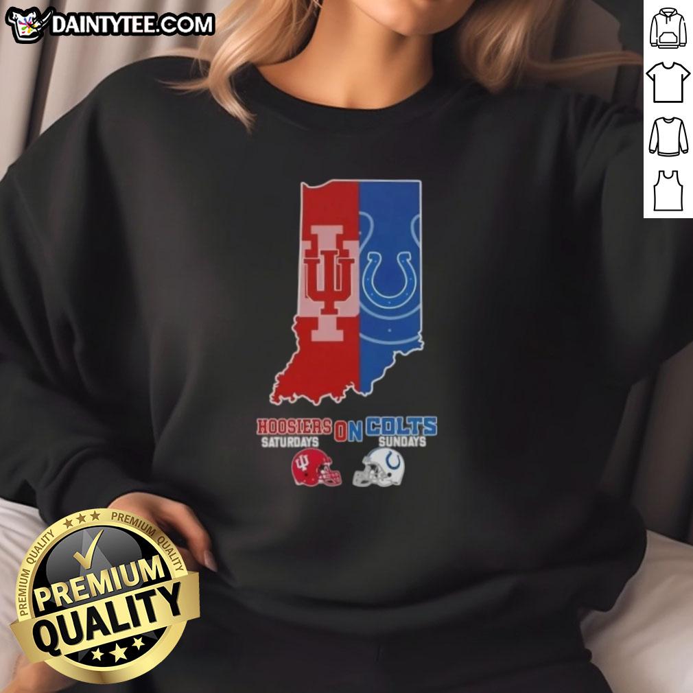 Alt Text: Awesome Indiana map sweatshirt featuring Hoosiers and Colts football helmets for sports fans on weekends.