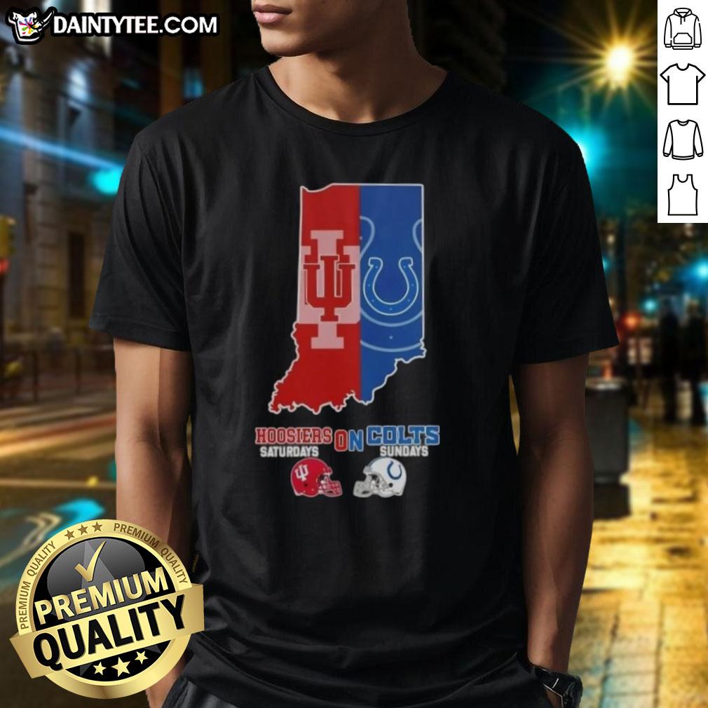 Awesome Indiana Map Sports T-Shirt featuring Hoosiers and Colts football helmets for Saturdays and Sundays.