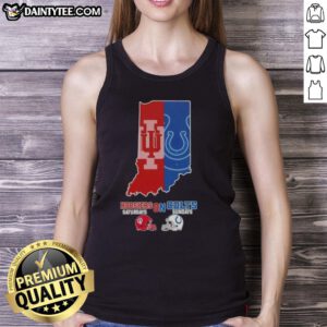 Alt Text: Awesome Indiana map tank top featuring Hoosiers and Colts football helmets for game day. Perfect for sports fans!