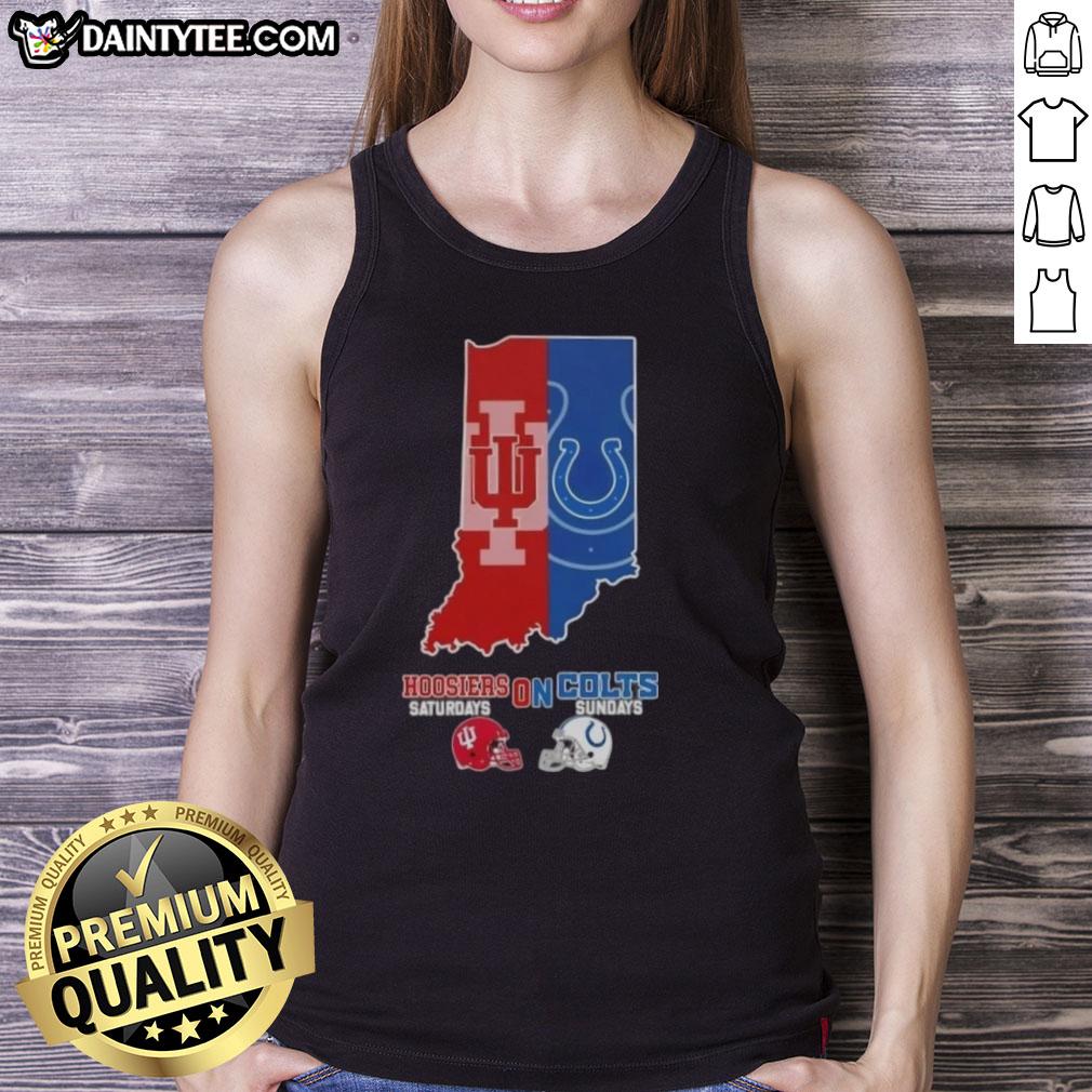 Alt Text: Awesome Indiana map tank top featuring Hoosiers and Colts football helmets for game day. Perfect for sports fans!