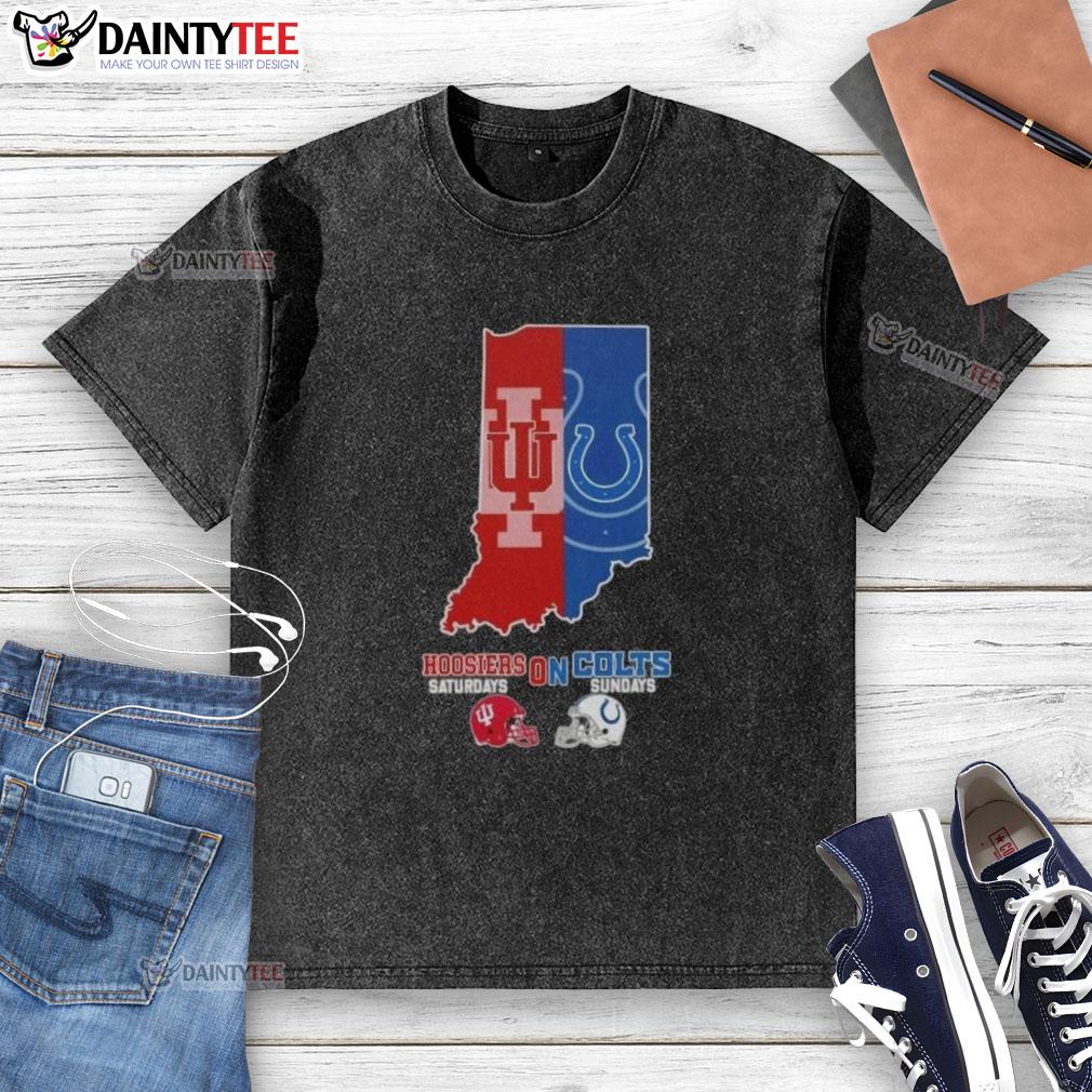 Awesome Indiana map featuring sports themes, Hoosiers, and Colts football helmets on a washed t-shirt design.