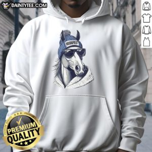 Alt Text: Awesome Indianapolis Colts mascot in a beanie and sunglasses, wearing a hoodie, ready for game day excitement.