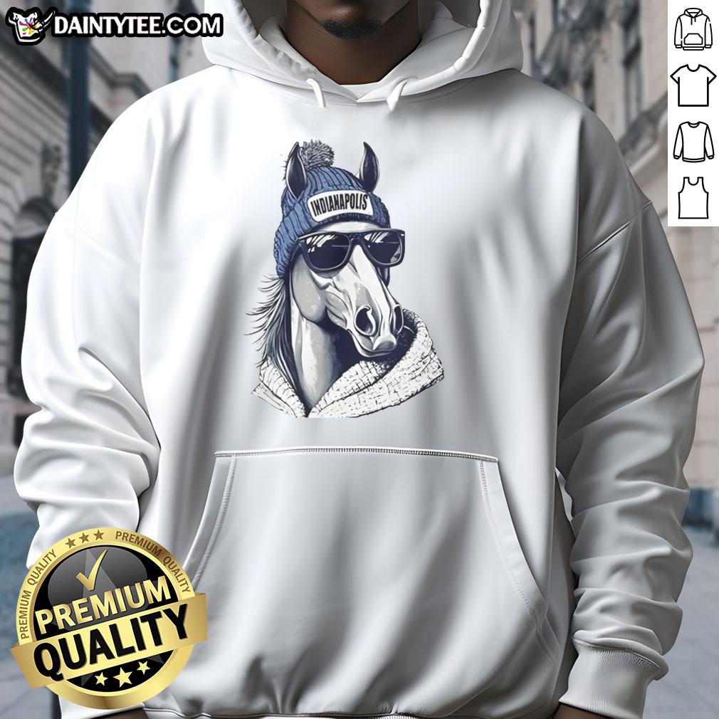 Alt Text: Awesome Indianapolis Colts mascot in a beanie and sunglasses, wearing a hoodie, ready for game day excitement.