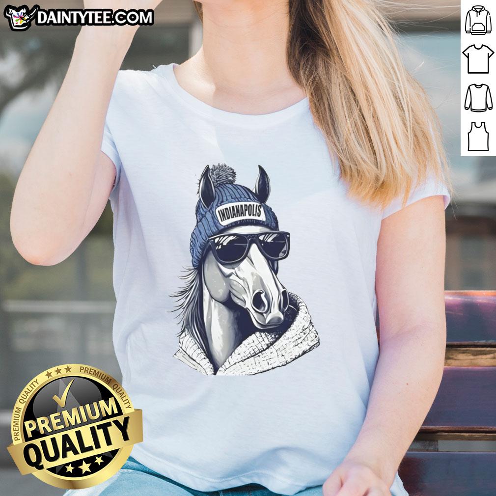 Awesome Indianapolis Colts mascot in a beanie and sunglasses, promoting fun ladies' tee apparel for fans.