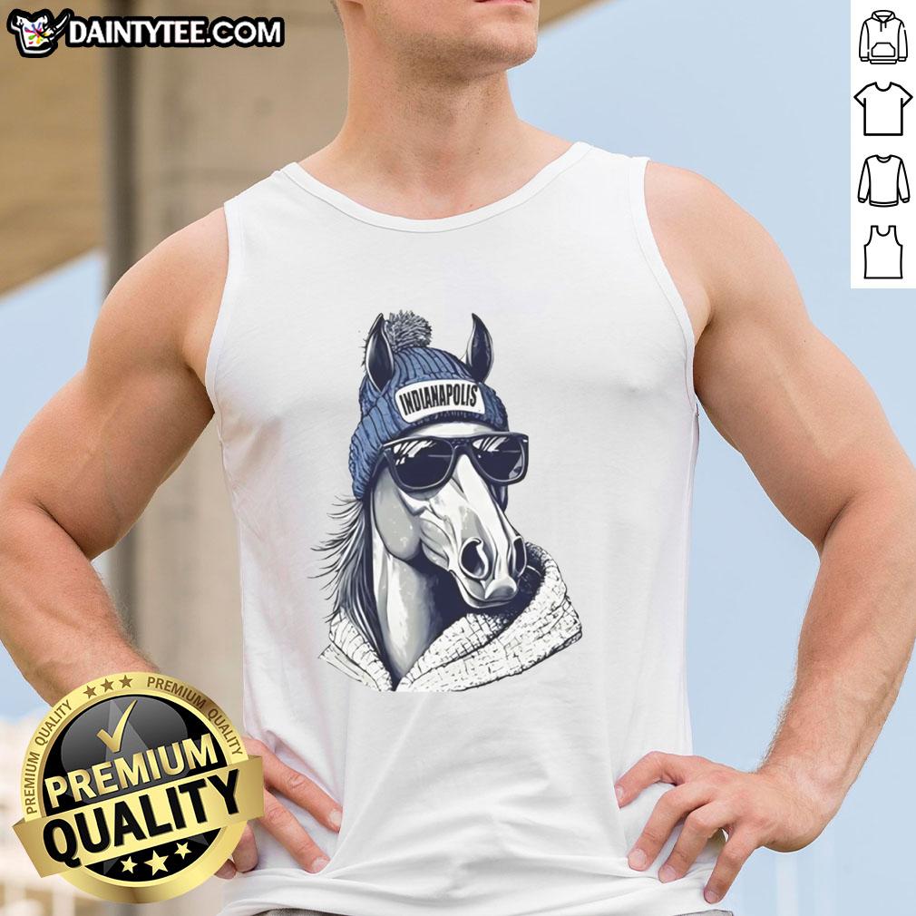 Awesome Indianapolis Colts mascot in a beanie and sunglasses, wearing a tank top, ready for game day fun.