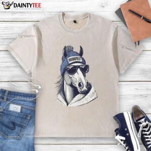 Alt Text: Indianapolis Colts mascot sporting a beanie and sunglasses, showcasing team spirit in a washed t-shirt.