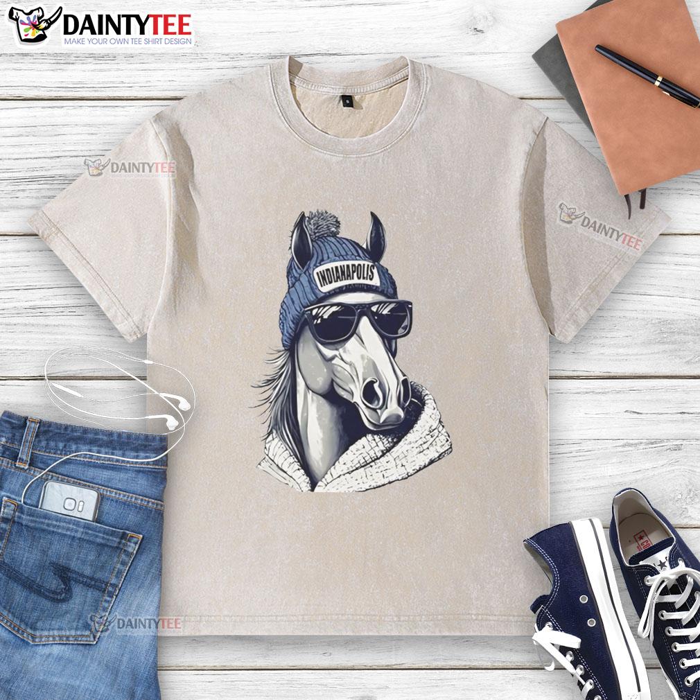 Alt Text: Indianapolis Colts mascot sporting a beanie and sunglasses, showcasing team spirit in a washed t-shirt.