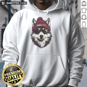 Kansas City Chiefs mascot in a beanie and sunglasses, showcasing team spirit in a hoodie.