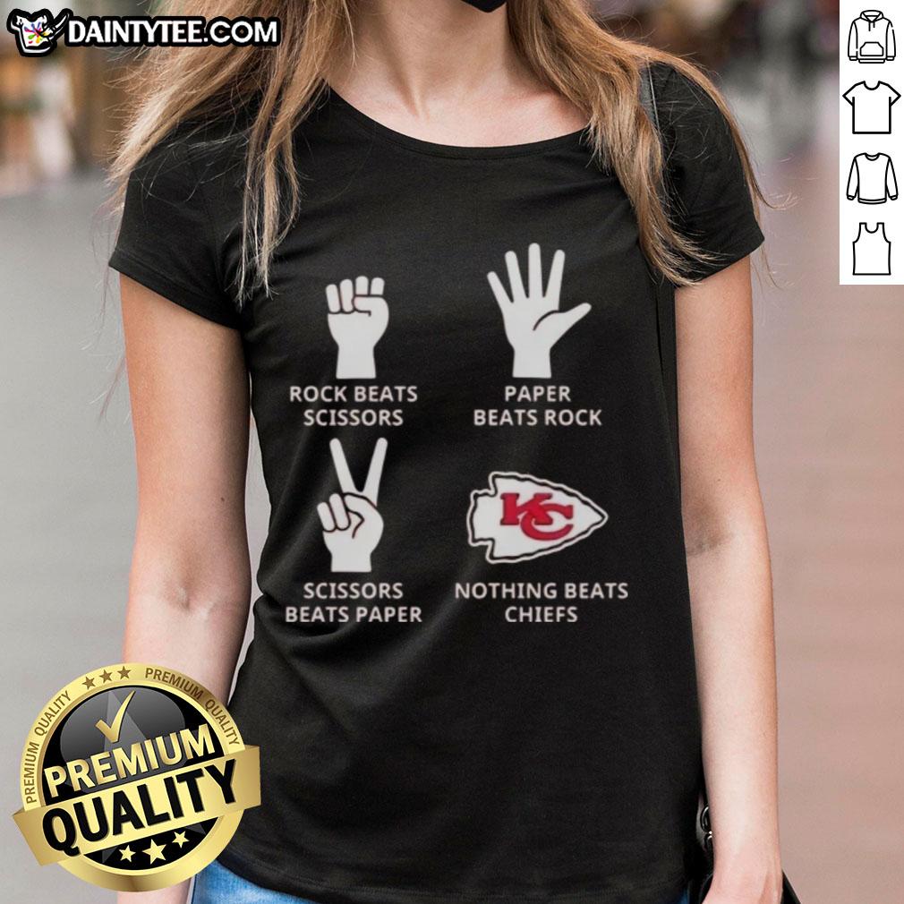 Awesome Kansas City Chiefs ladies tee featuring 'Nothing Beats Rock, Beats Scissors, Paper Beats Rock' design.