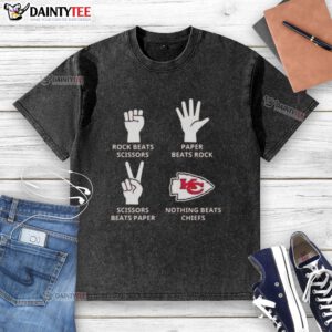 Awesome Kansas City Chiefs t-shirt featuring a fun rock-paper-scissors design, perfect for fans and game day attire.