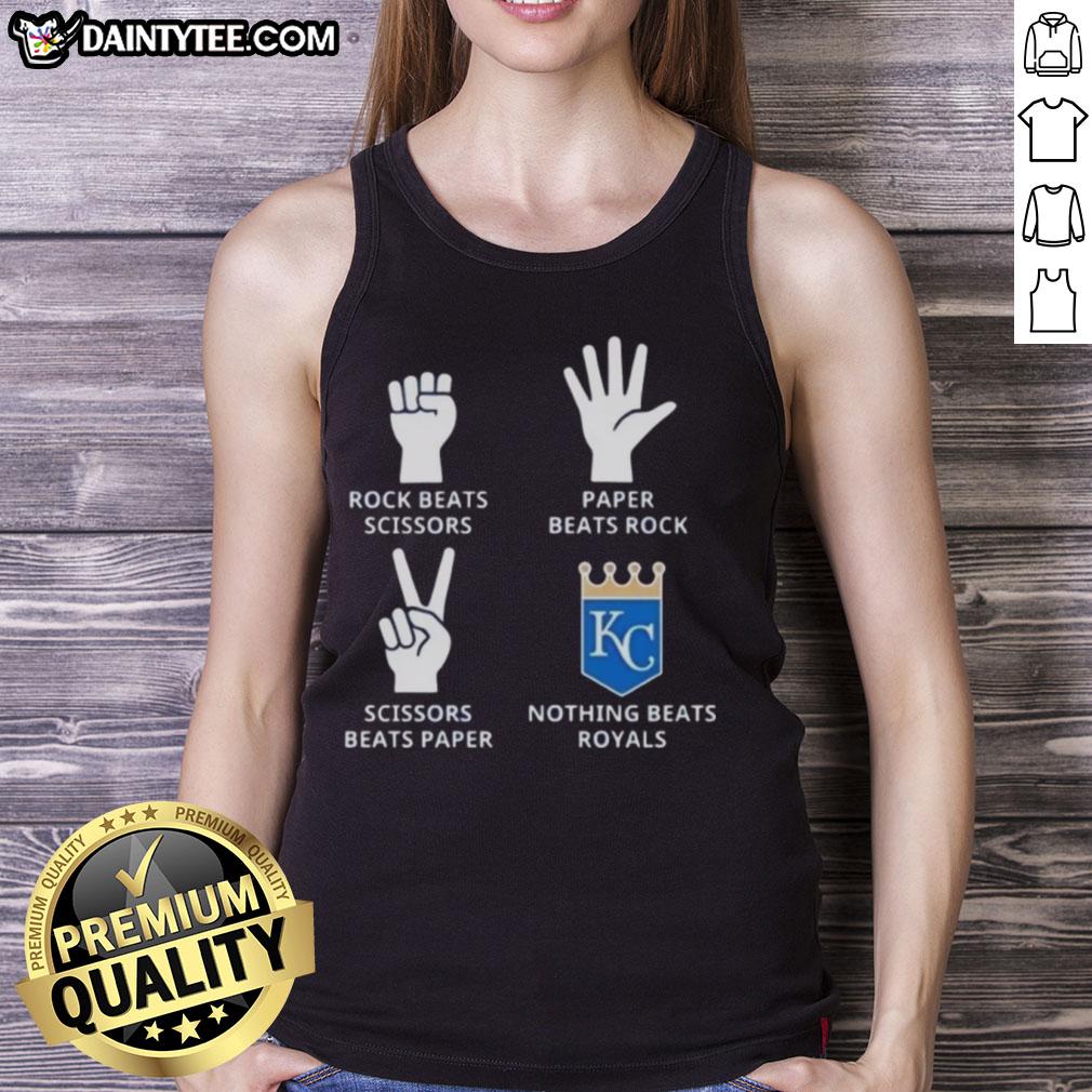 Alt Text: Kansas City Royals tank top featuring playful 'Rock, Paper, Scissors' design for sports fans and casual wear.