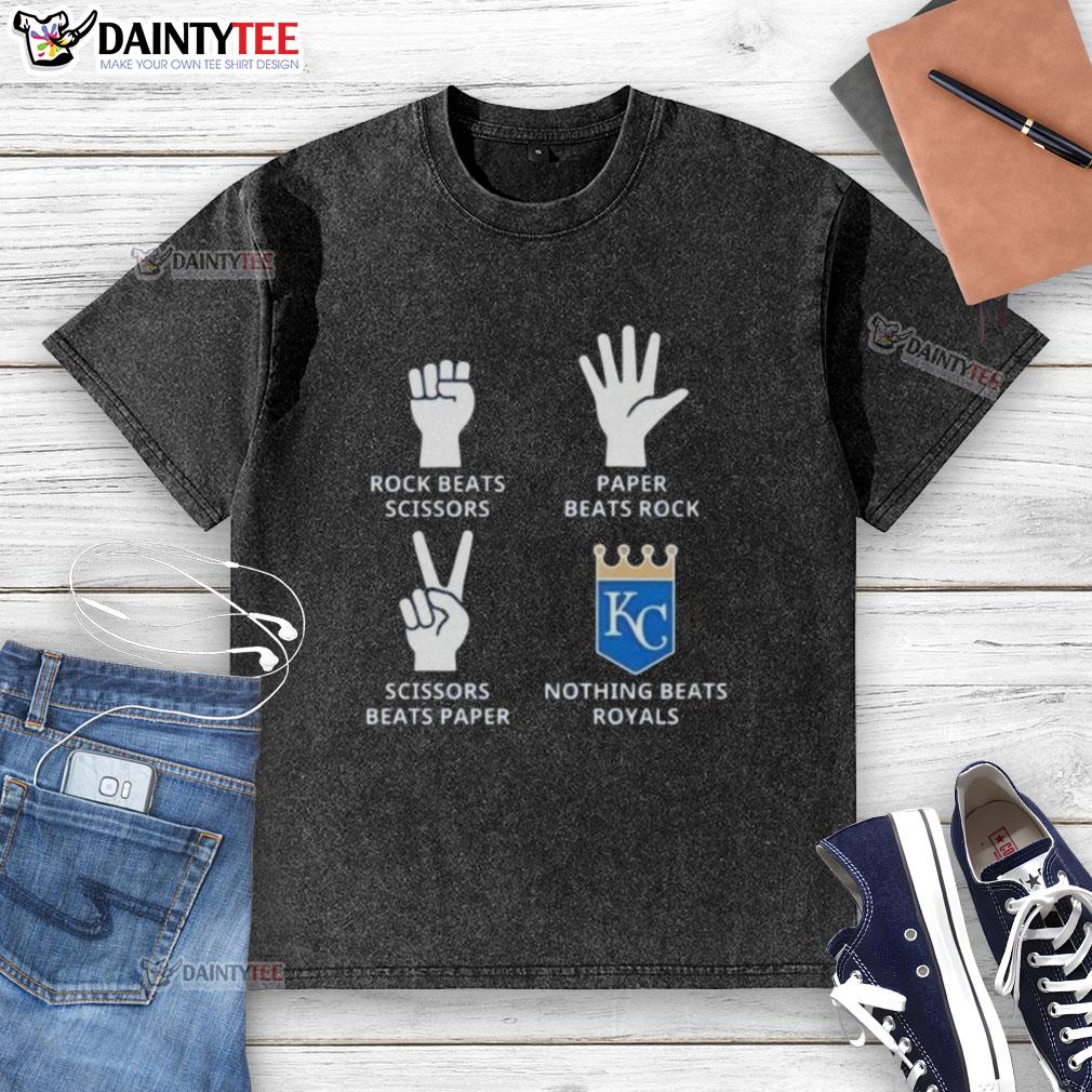 Awesome Kansas City Royals washed t-shirt featuring a fun rock-paper-scissors design for fans and sports enthusiasts.