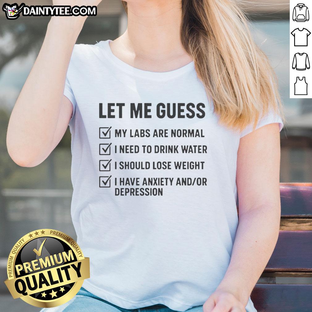Awesome Let Me Guess Labs Are Normal Ladies Tee featuring playful labrador dog graphics on a stylish women's shirt.