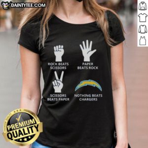 Awesome Los Angeles Chargers ladies tee featuring 'Nothing Beats Rock, Beats Scissors, Paper Beats Rock, Scissors Beats Paper' design.