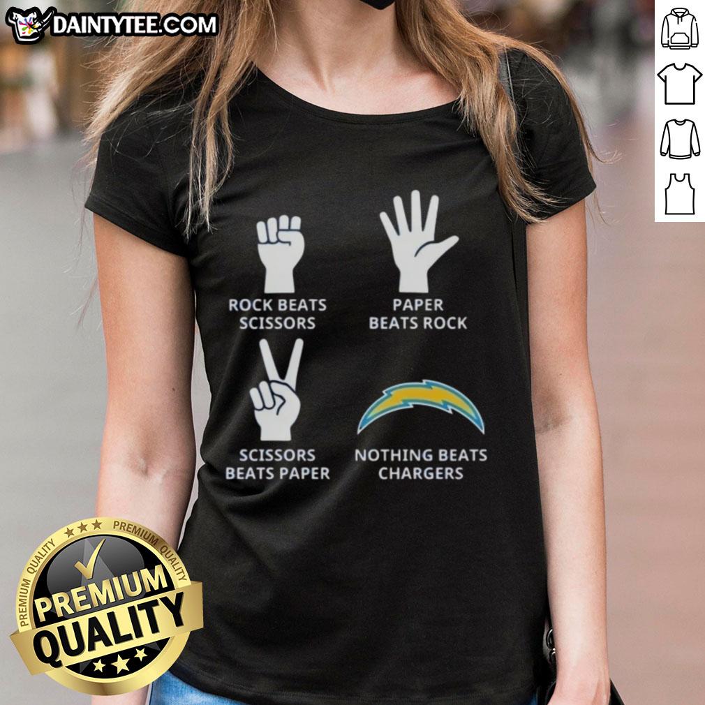 Awesome Los Angeles Chargers ladies tee featuring 'Nothing Beats Rock, Beats Scissors, Paper Beats Rock, Scissors Beats Paper' design.