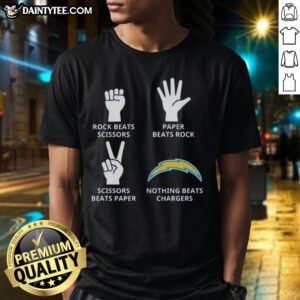 Los Angeles Chargers T-shirt featuring 'Nothing Beats Rock Beats Scissors Paper Beats Rock Scissors Beats Paper' design.