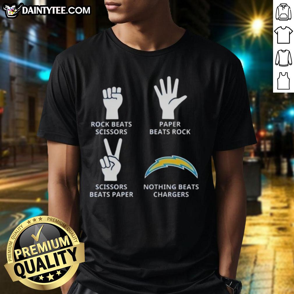 Los Angeles Chargers T-shirt featuring 'Nothing Beats Rock Beats Scissors Paper Beats Rock Scissors Beats Paper' design.
