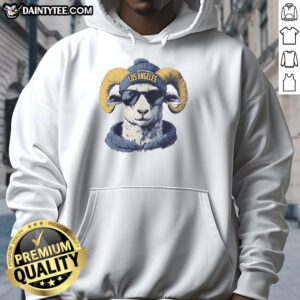Los Angeles Rams mascot wearing a beanie and sunglasses, showcasing team spirit in a stylish hoodie.