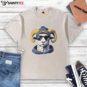 Alt Text: Los Angeles Rams mascot in a beanie and sunglasses, showcasing team spirit in a stylish washed t-shirt.