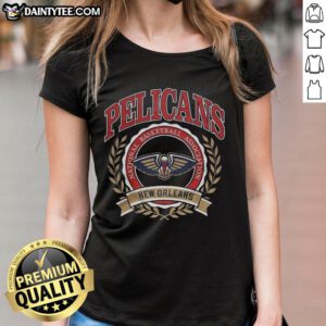 Alt Text: Retro New Orleans Pelicans logo with laurel wreath frame on a ladies tee, perfect for NBA fans and casual wear.