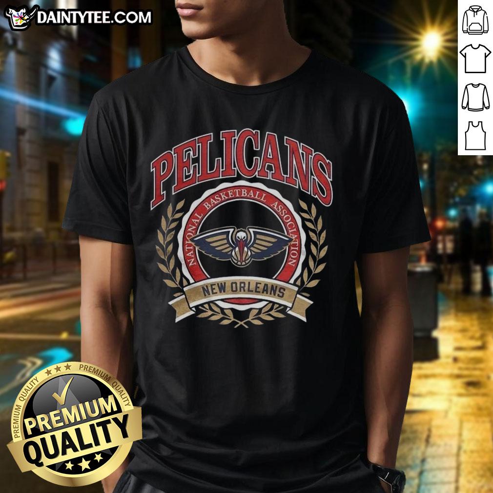 Awesome New Orleans Pelicans NBA logo with laurel wreath frame on a retro t-shirt design, perfect for fans.