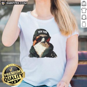 Awesome New York Jets mascot wearing a beanie and sunglasses on a ladies tee, perfect for game day fashion.