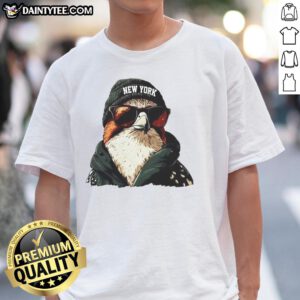 Alt Text: Awesome New York Jets mascot sporting a beanie and sunglasses on a stylish t-shirt, perfect for fans.