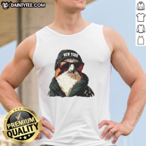 Awesome New York Jets mascot wearing a beanie, sunglasses, and a tank top, showcasing team spirit and style.