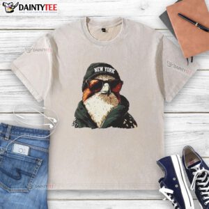 Awesome New York Jets mascot in beanie and sunglasses, showcasing team spirit in a washed t-shirt.