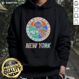 Awesome New York Mets, Jets, and Knicks mashup logo hoodie showcasing iconic team logos in vibrant colors.