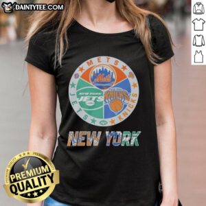 Alt Text: Awesome New York Mets, Jets, and Knicks mashup logo on a ladies tee, showcasing NYC sports team pride.