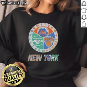 Alt Text: Awesome New York Mets, Jets, and Knicks mashup logo sweatshirt featuring vibrant team colors and sporty design.