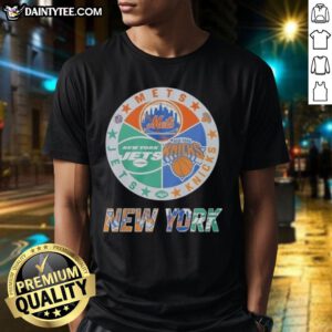Alt Text: Awesome New York Mets, Jets, and Knicks mashup logo t-shirt featuring vibrant team colors and unique design.