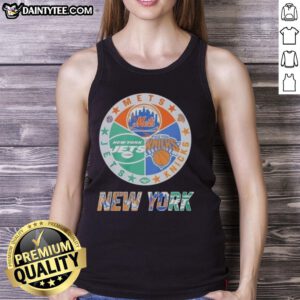 Awesome New York Mets, Jets, and Knicks mashup logo tank top showcasing a unique sports design for fans.