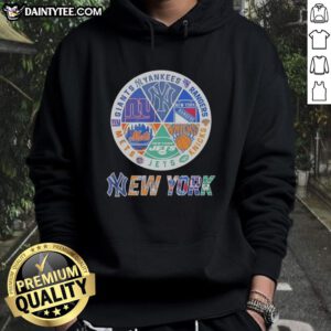 Alt Text: Awesome New York Mets, Knicks, Giants, and Rangers mashup logo hoodie showcasing vibrant team colors and designs.