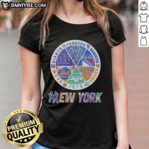 Awesome New York Mets, Knicks, Giants, and Rangers mashup logo on a ladies tee, perfect for NYC sports fans.