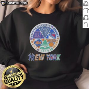 Alt Text: Awesome New York Mets, Knicks, Giants, and Rangers mashup logo sweatshirt showcasing NYC sports team pride.