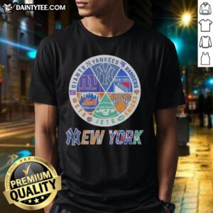Alt Text: Awesome New York Mets, Knicks, Giants, and Rangers mashup logo t-shirt showcasing New York sports team pride.
