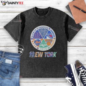 Alt Text: Awesome New York Mets, Knicks, Giants, and Rangers mashup logo on a washed t-shirt, perfect for NYC sports fans.