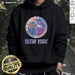 Awesome New York Mets, Rangers, Yankees, and Giants mashup logo hoodie showcasing iconic NYC sports team designs.
